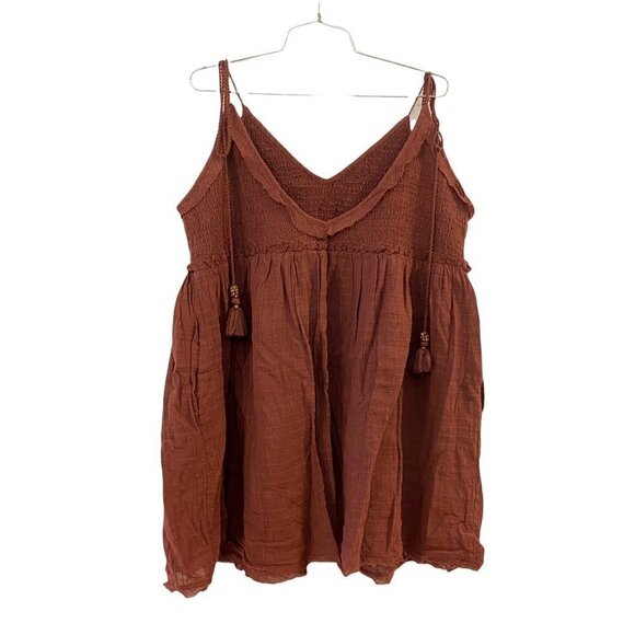 Free People Womens Sundress Brown Short Smocked V Neck Tassels Cotton Large - Picture 4 of 8